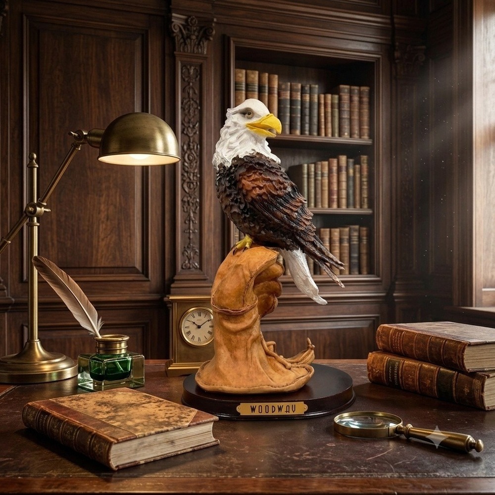 Woodway Bald Eagle Figurine on Falconer Glove Sculpture Wood Base Decor